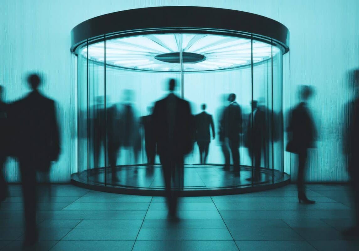 A revolving door with silhouettes of people constantly entering and exiting, employee turnover in a fast-paced corporate environment