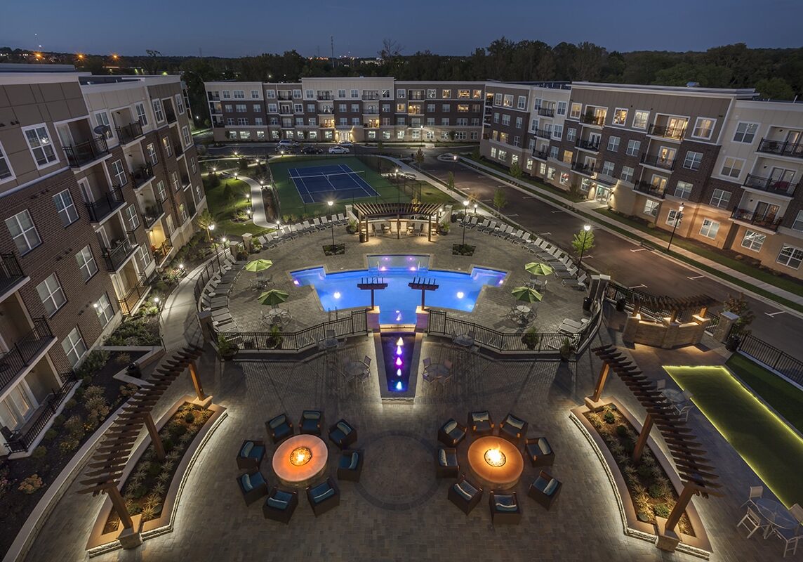 overhead outside pool view of apartments owned by hills properties