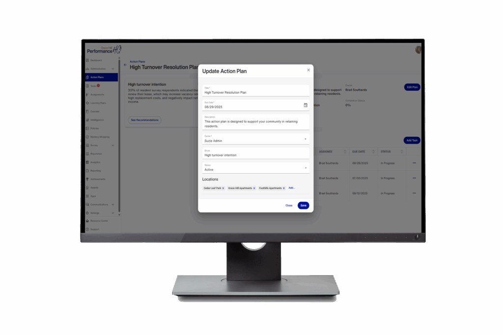 action plan monitor in grace hill's performancehq platform computer screen mockup