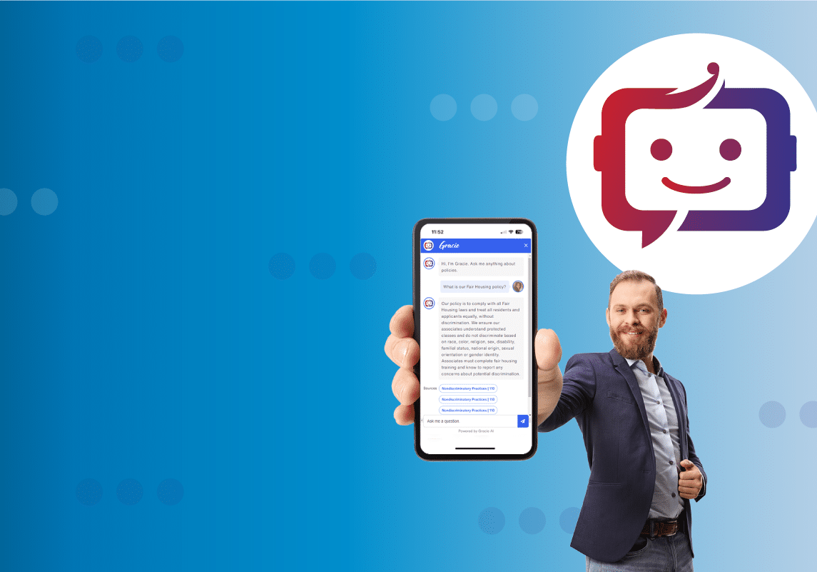 man hold iphone with icon of grace hill's gracie ai policy chatbot