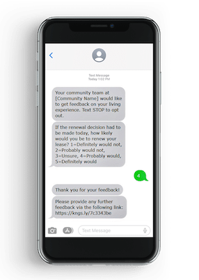 kingsleysurvey resident satisfaction text/sms message survey mockup on iphone