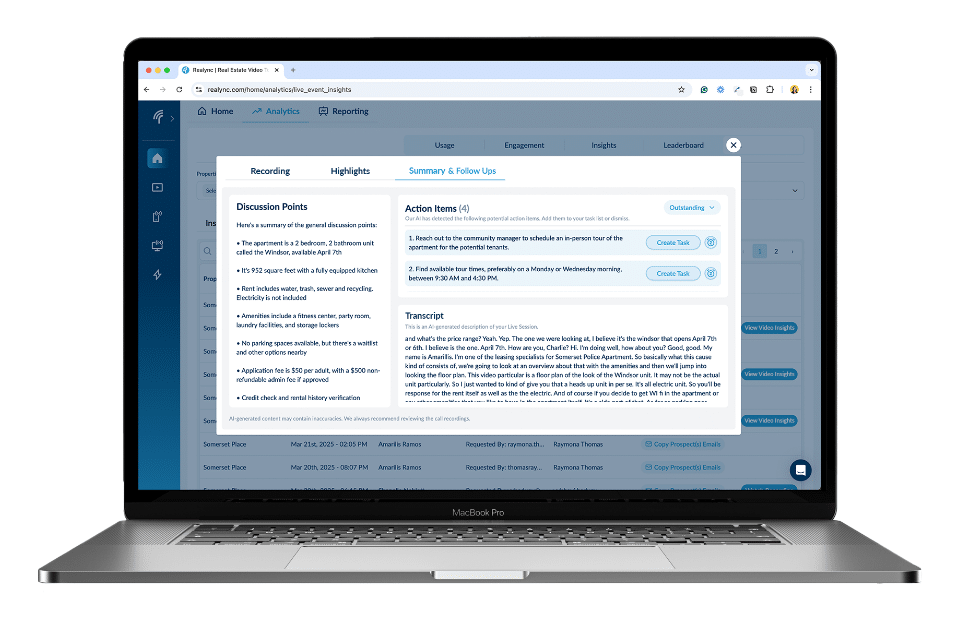 desktop screen view of realync's live event insights