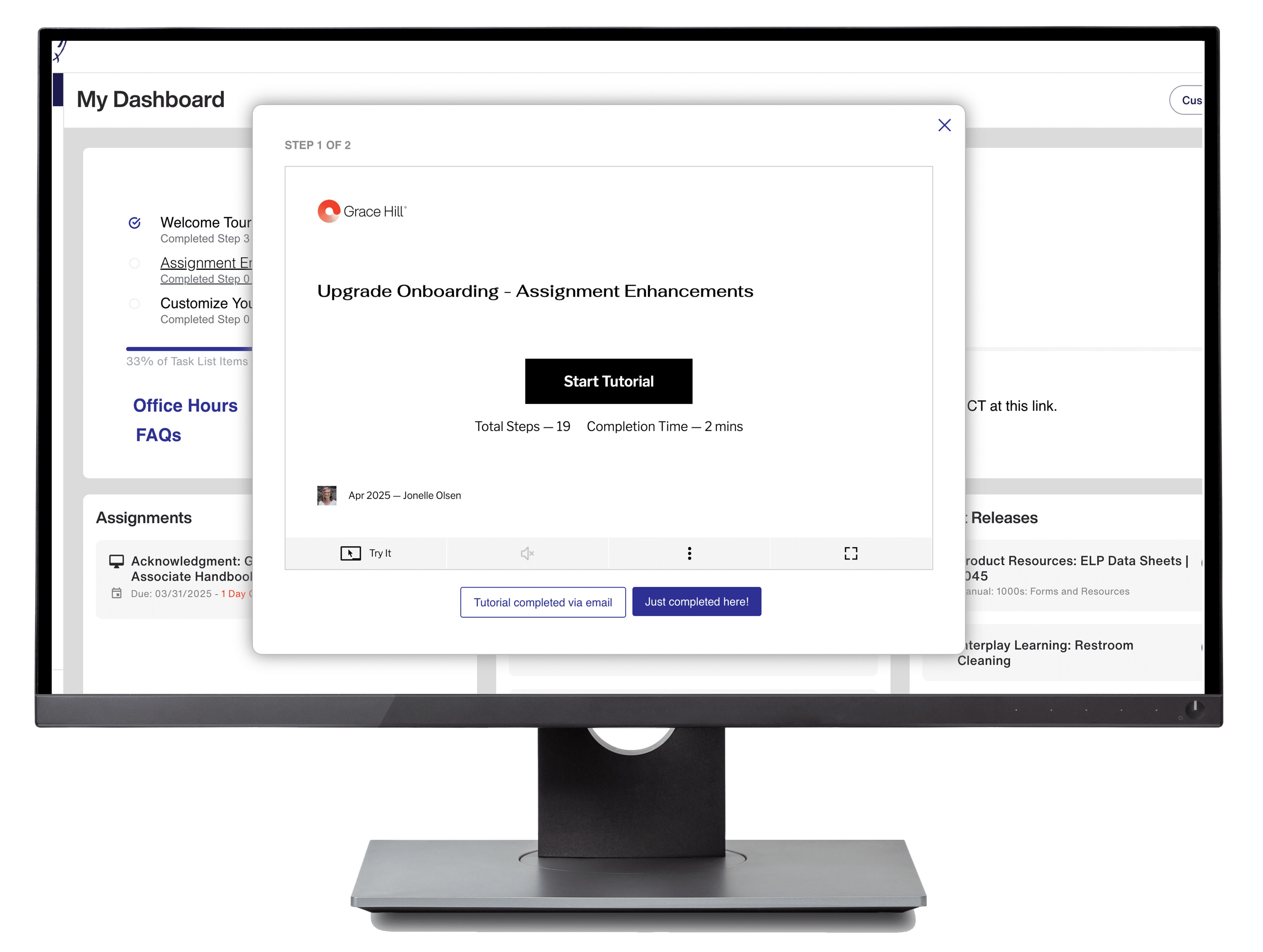desktop mockup of grace hill's performancehq training tutorial builder, assignment notifcation