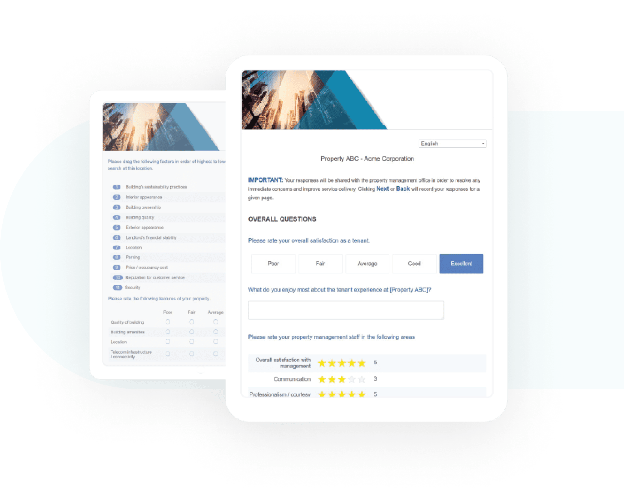 tenant survey screenshot on ipad, grace hill kingsleysurveys mockup