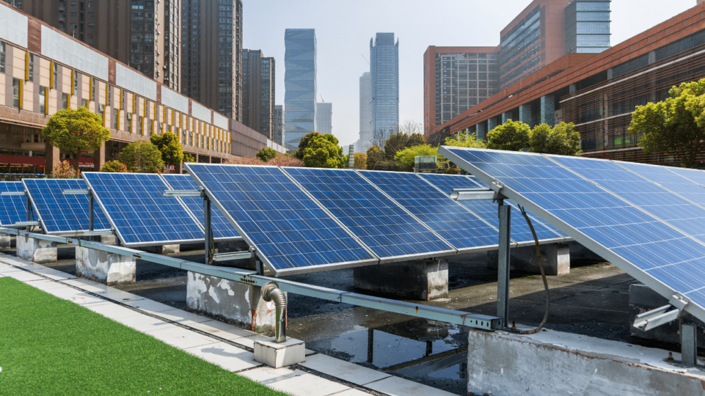 Solar panels outside buildings in the city
