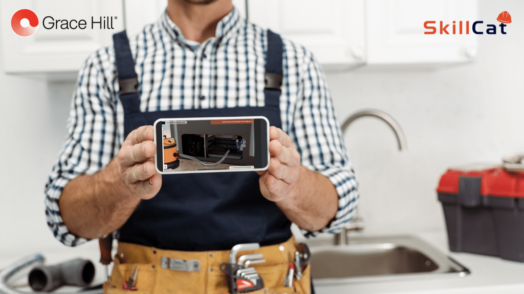 Graphic for Grace Hill's future of maintenance with a man holding zoom of maintenance instructions.